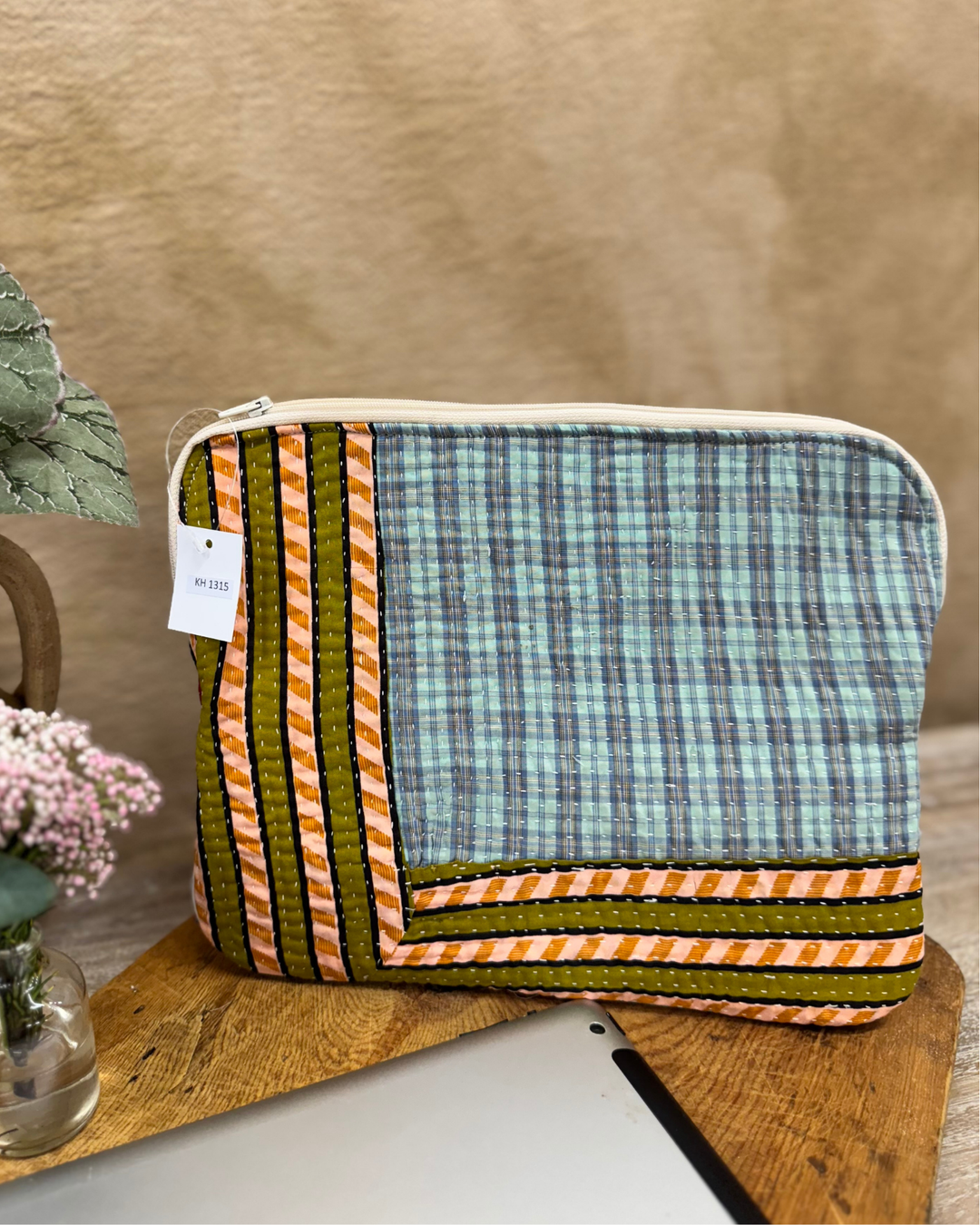Kantha Tablet Sleeve – Rust Floral & Stripe Corner Patch (10")