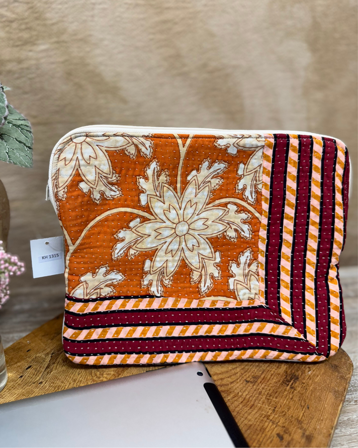Kantha Tablet Sleeve – Rust Floral & Stripe Corner Patch (10")