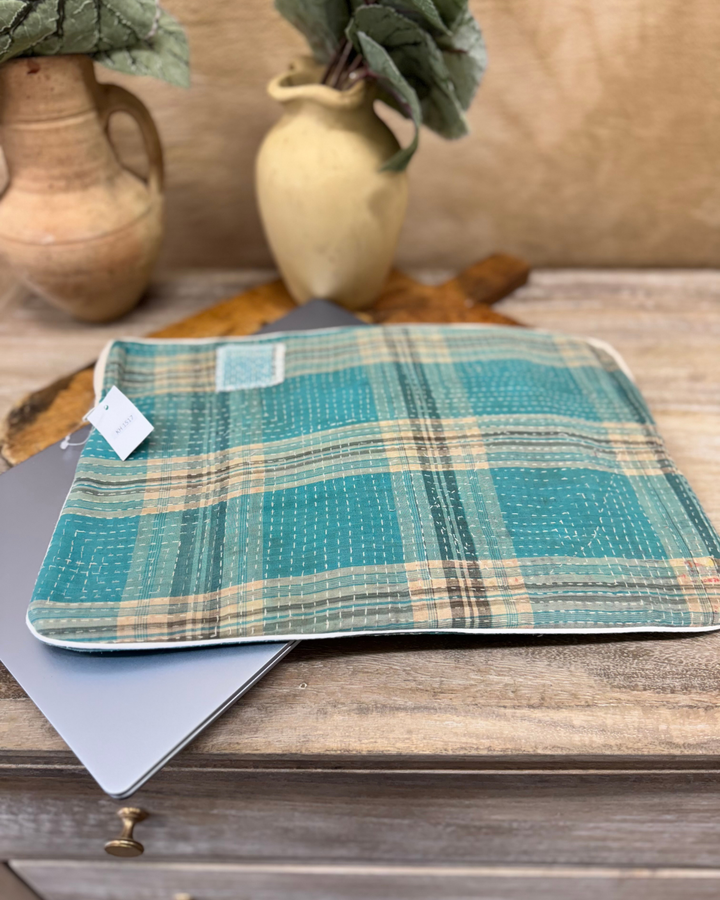 Vintage Sari Laptop Case (15") – Teal Check with Kantha Stitch