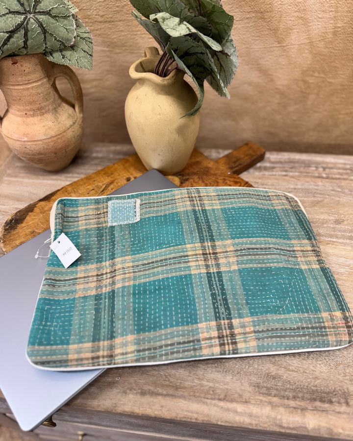 Vintage Sari Laptop Case (15") – Teal Check with Kantha Stitch