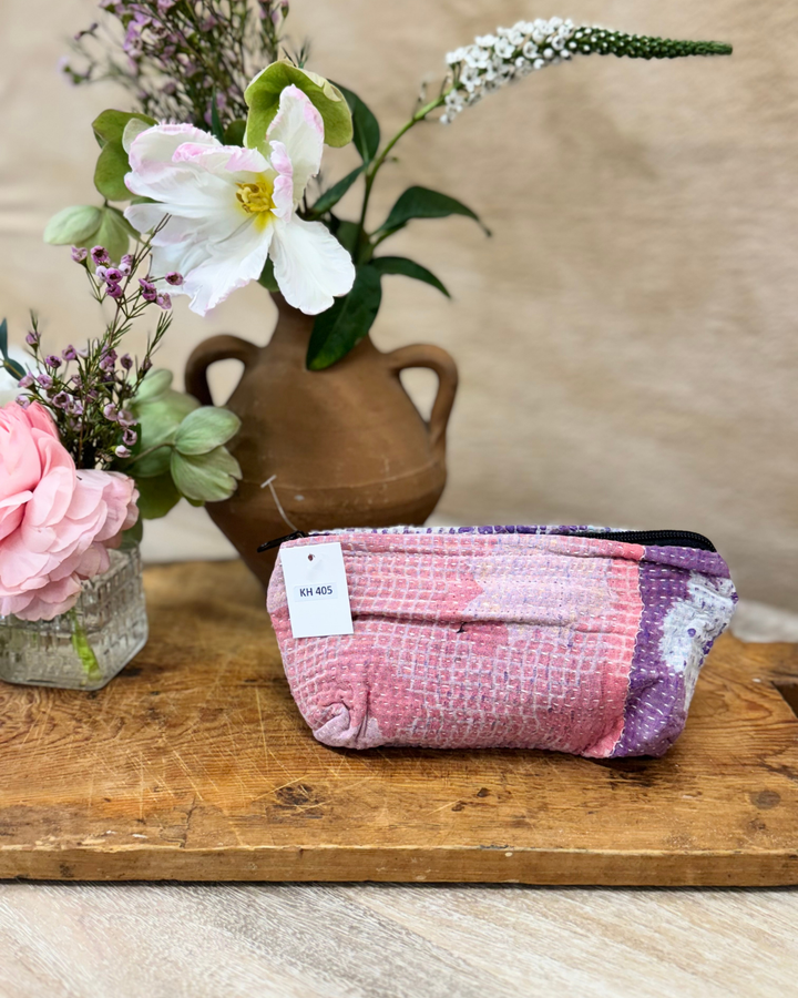 Small Wash Bag – Plum & Rose Patchwork Embroidery