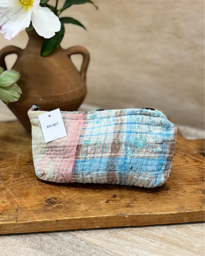 Small Wash Bag – Aqua & Coral Vintage Sari Panel