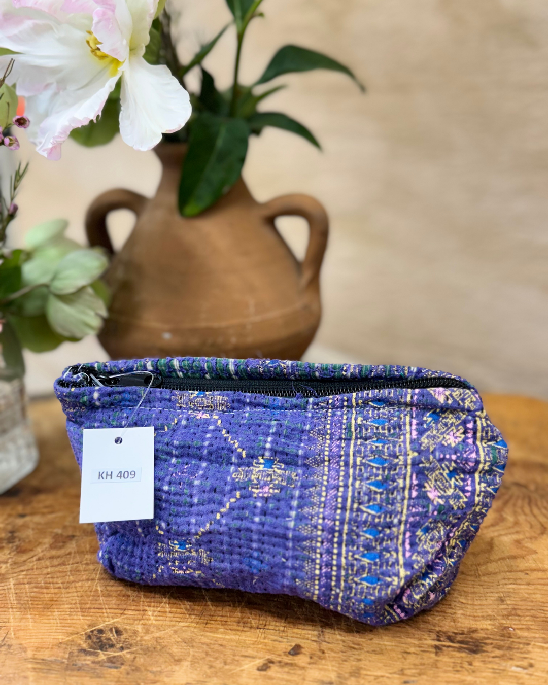 Small Wash Bag – Deep Indigo with Gold Sari Motifs
