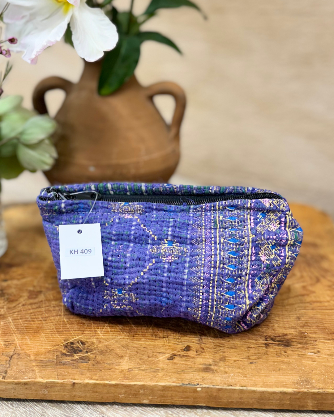 Small Wash Bag – Deep Indigo with Gold Sari Motifs