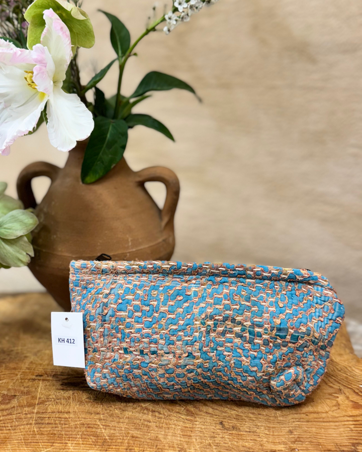 Small Wash Bag – Teal & Rust Embroidered Weave