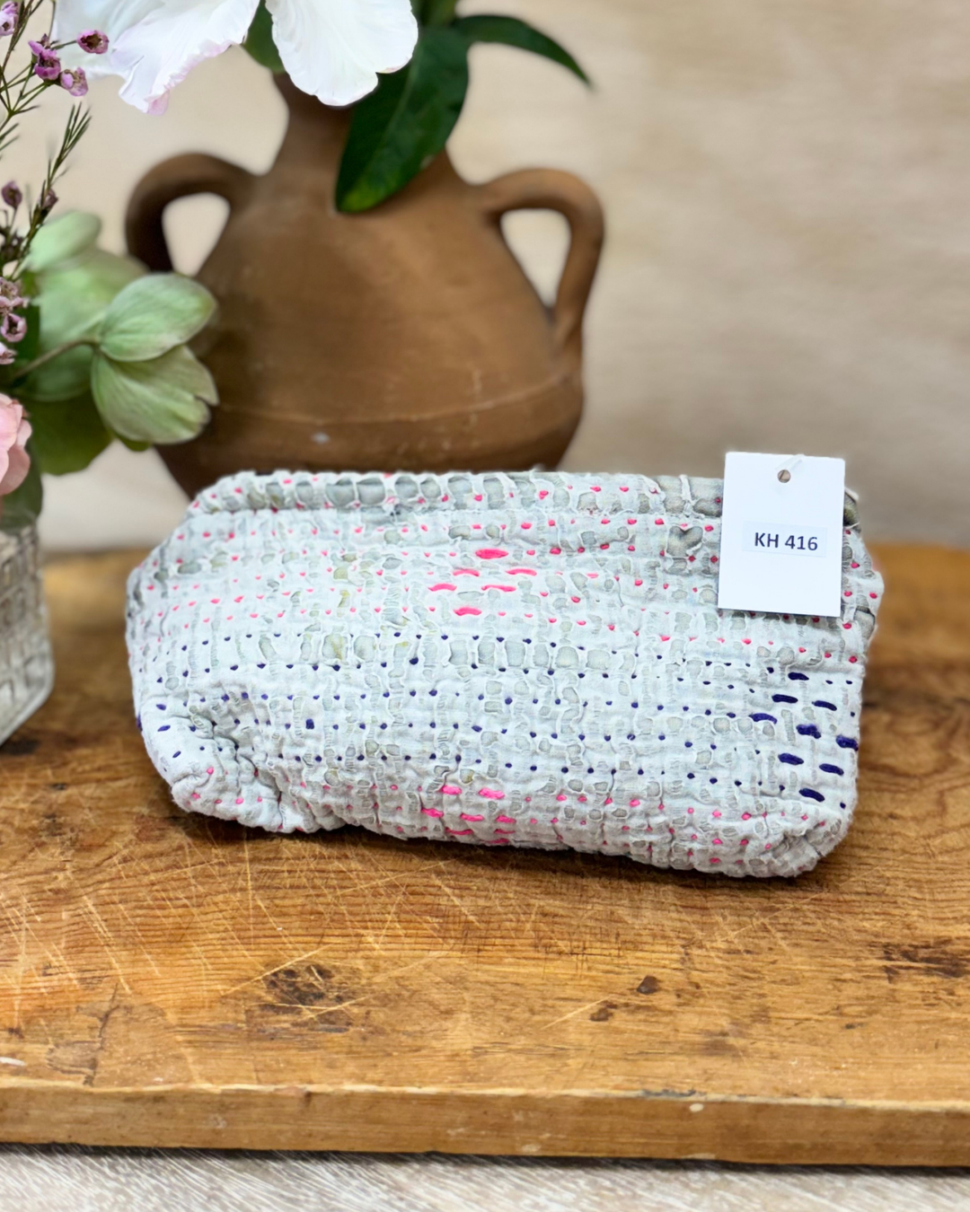 Small Wash Bag – Chalky Grey with Colourful Stitching