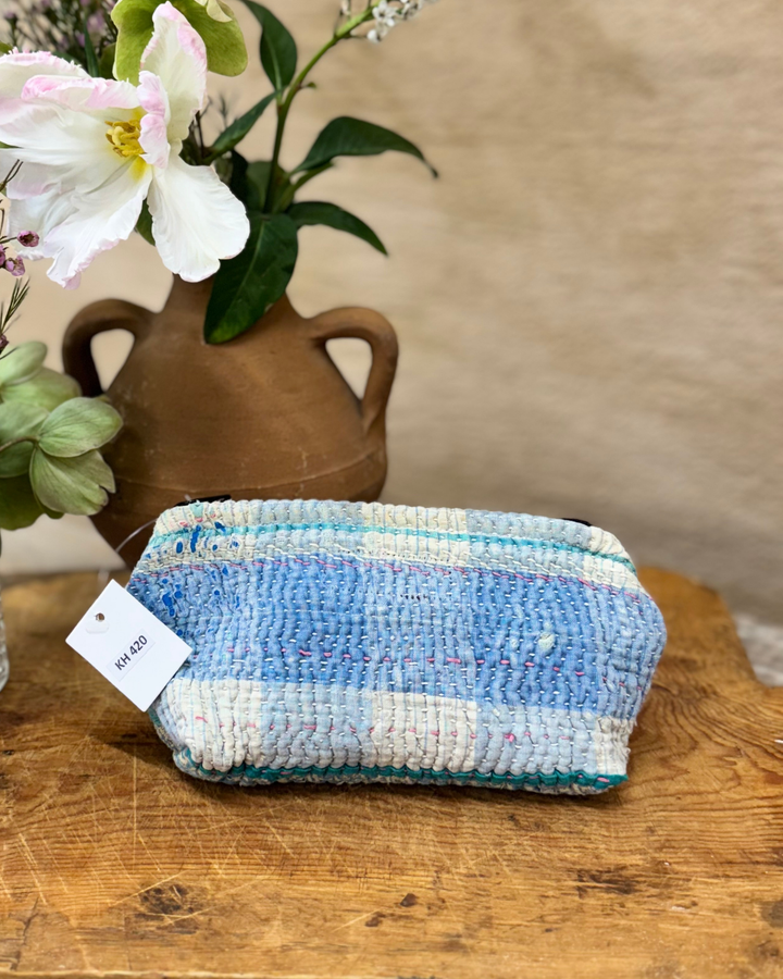 Small Wash Bag – Sky Blue Patchwork Sari Panel