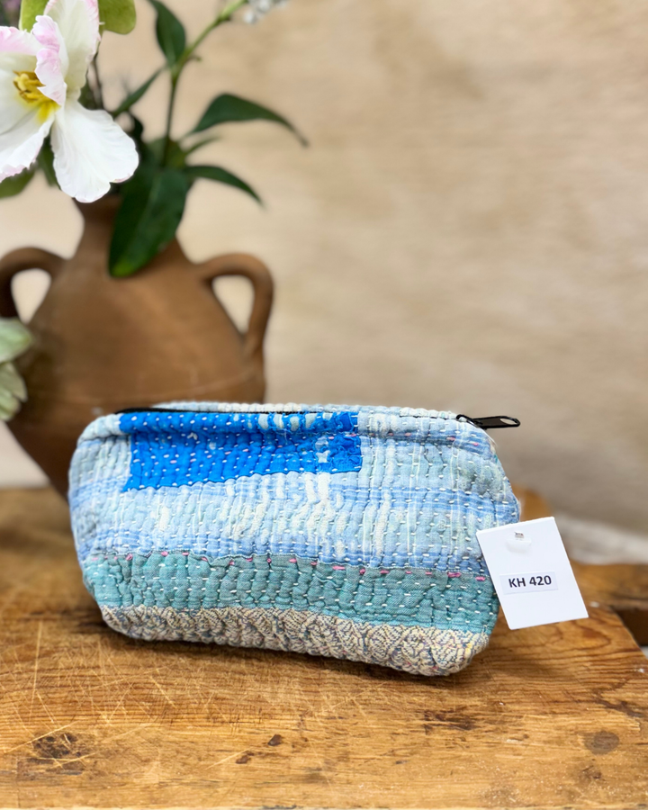 Small Wash Bag – Sky Blue Patchwork Sari Panel