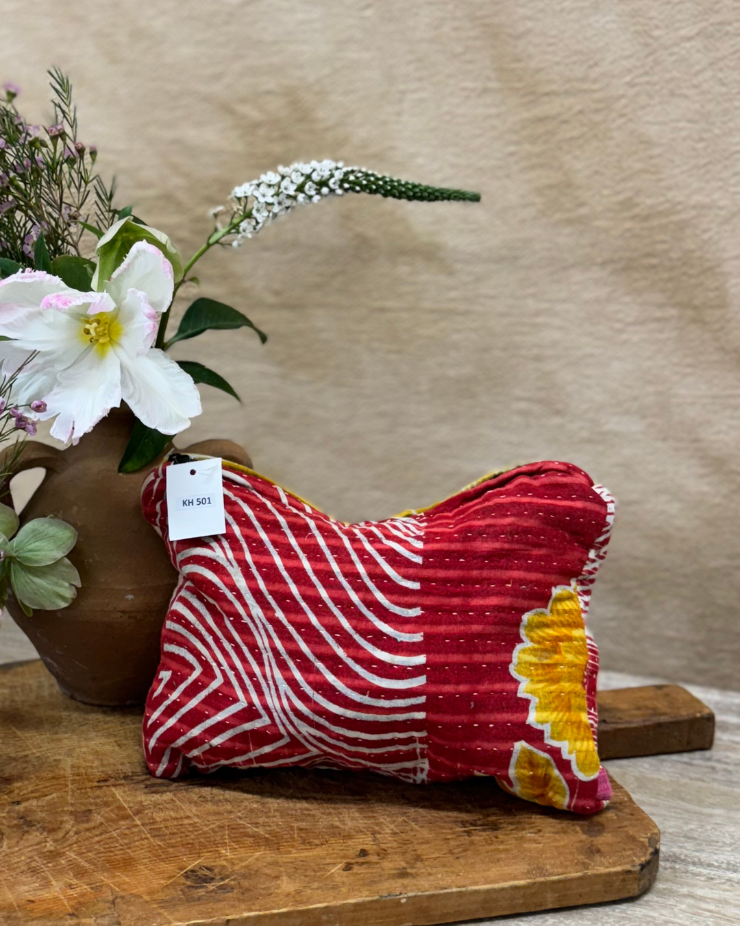 Medium Kantha Sari Wash Bag – Crimson Floral & Wave Pattern