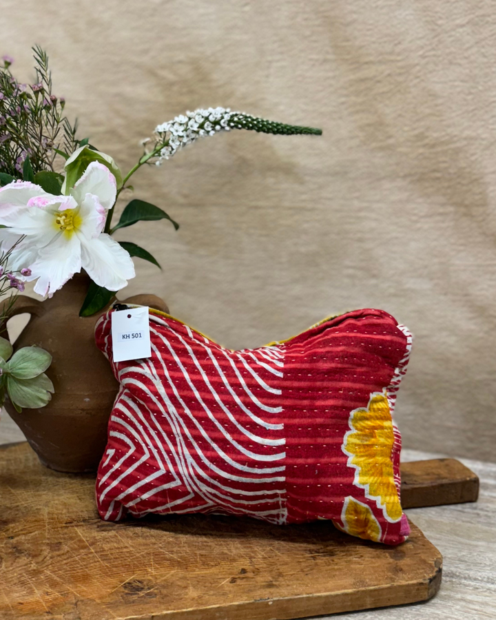 Medium Kantha Sari Wash Bag – Crimson Floral & Wave Pattern