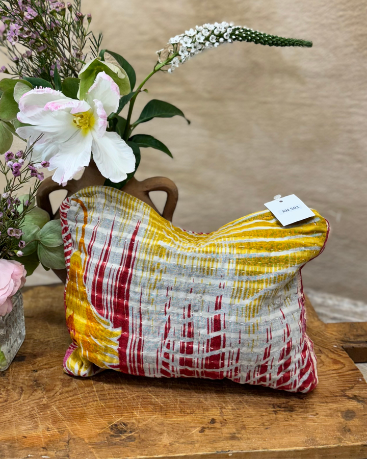 Medium Kantha Sari Wash Bag – Crimson Floral & Wave Pattern