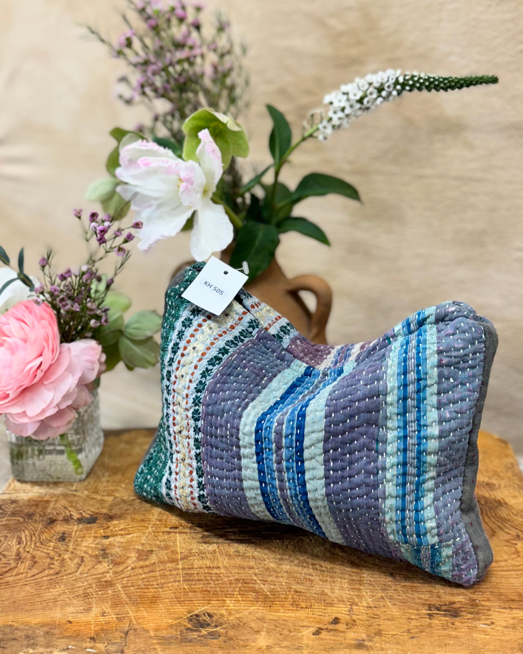 Medium Kantha Sari Wash Bag – Forest Stripe Patchwork