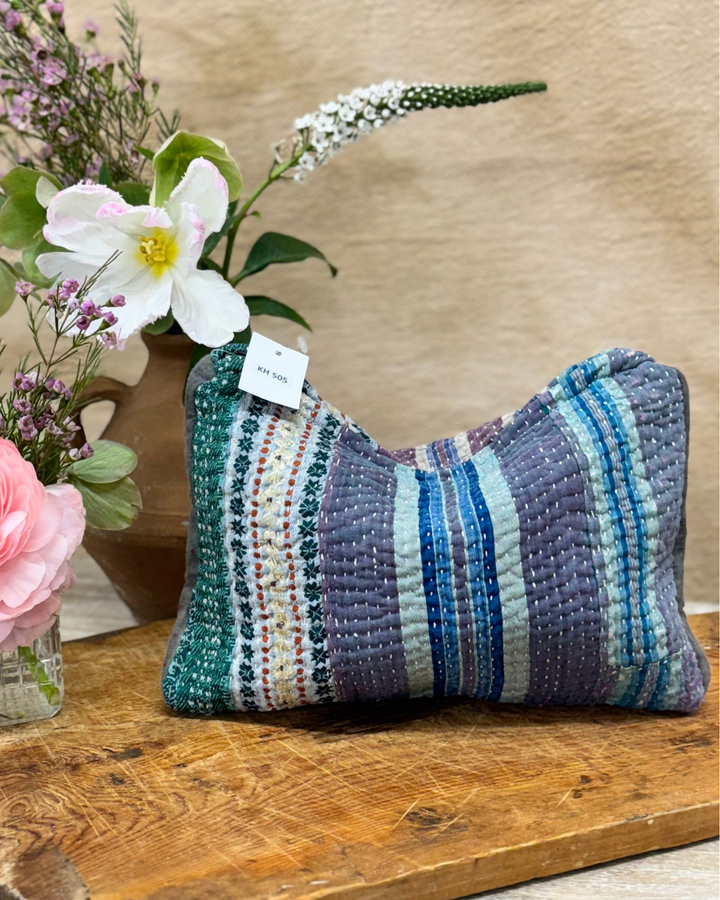 Medium Kantha Sari Wash Bag – Forest Stripe Patchwork