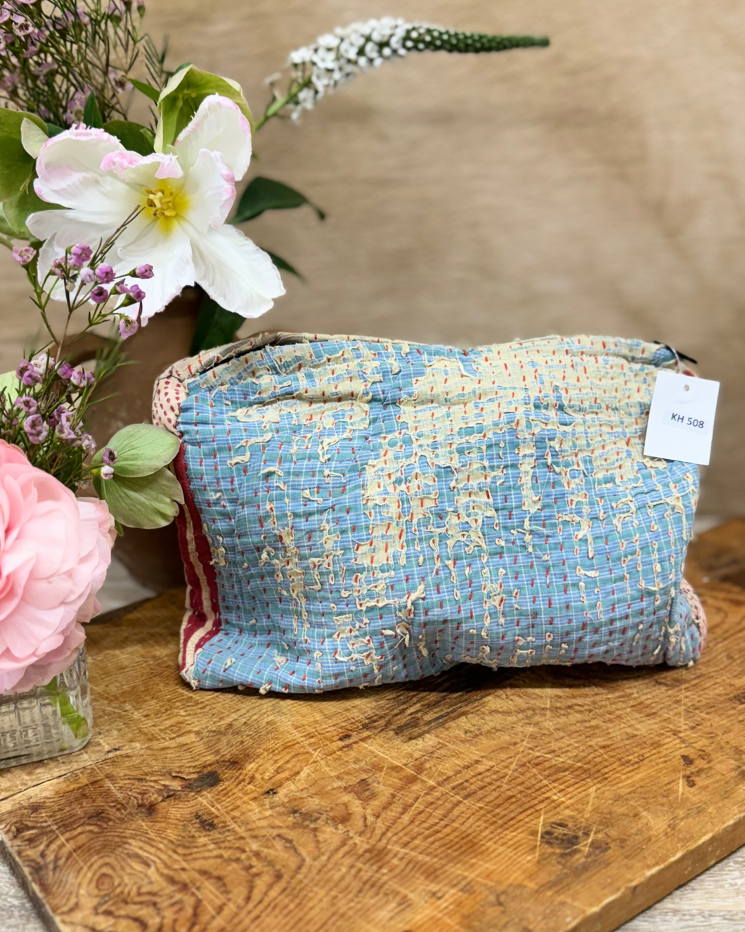 Medium Kantha Sari Wash Bag – Soft Stripe with Textured Stitching