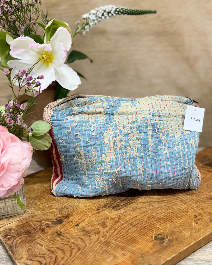 Medium Kantha Sari Wash Bag – Soft Stripe with Textured Stitching
