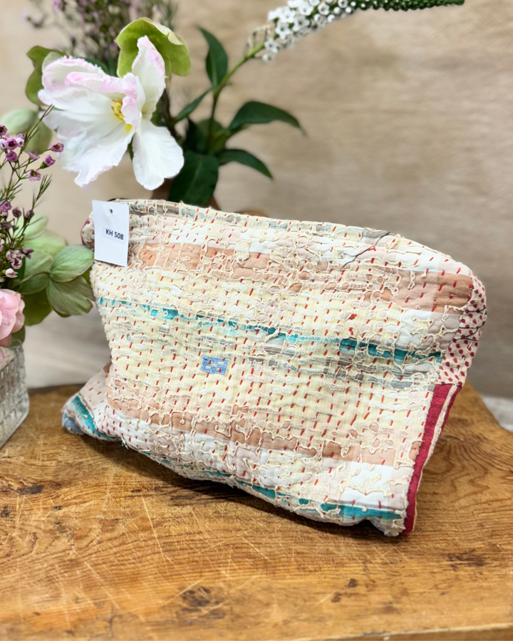 Medium Kantha Sari Wash Bag – Soft Stripe with Textured Stitching
