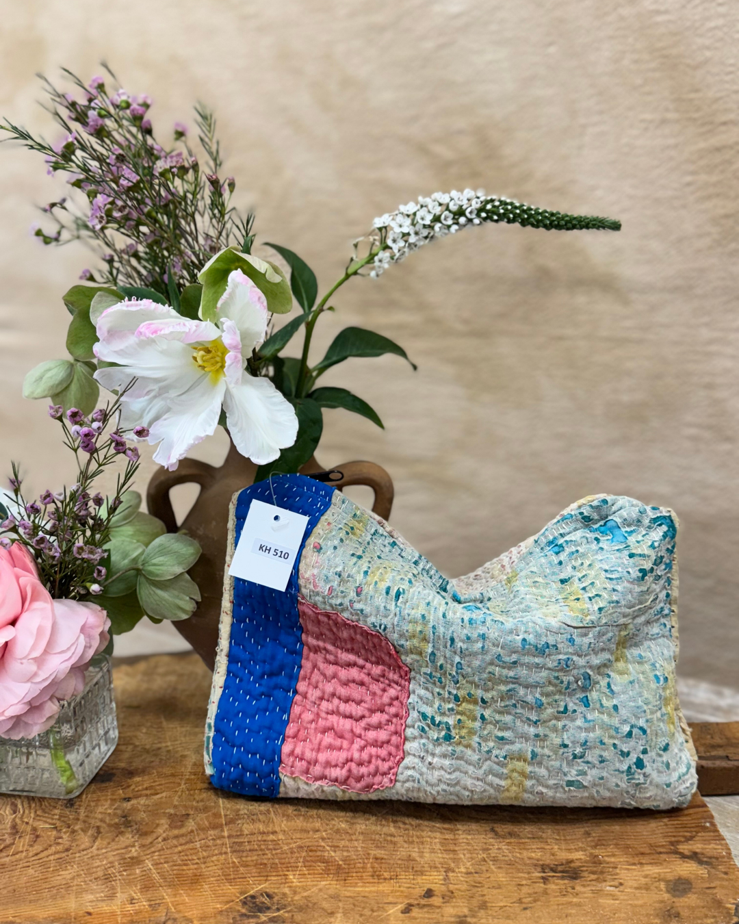 Medium Kantha Sari Wash Bag – Sea Green & Coral Block Stitch
