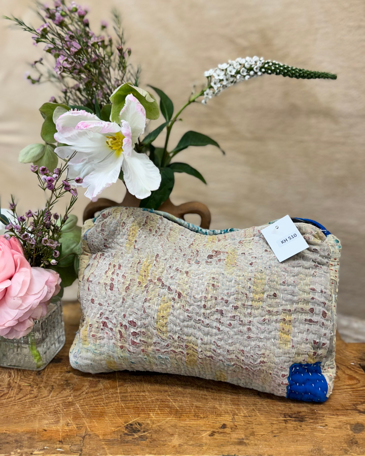 Medium Kantha Sari Wash Bag – Sea Green & Coral Block Stitch