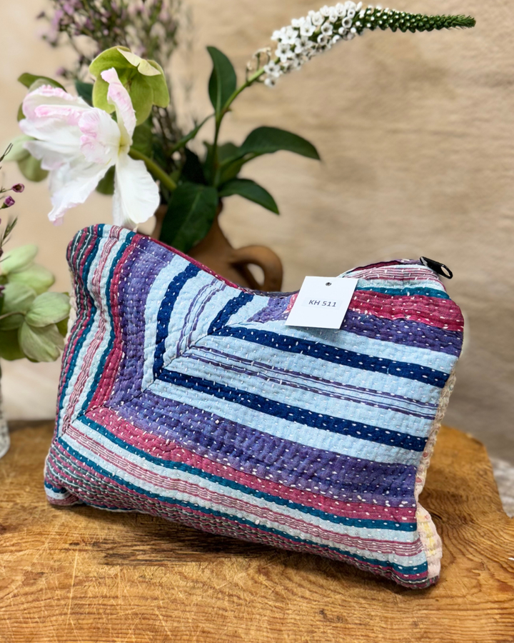 Medium Kantha Sari Wash Bag – Forest & Plum Stripe Patchwork