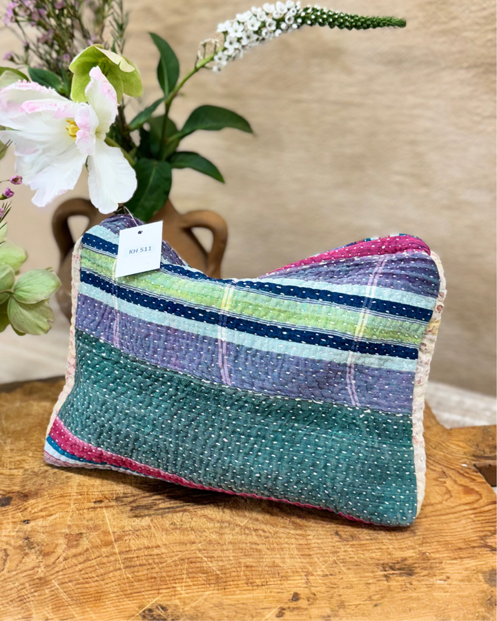 Medium Kantha Sari Wash Bag – Forest & Plum Stripe Patchwork