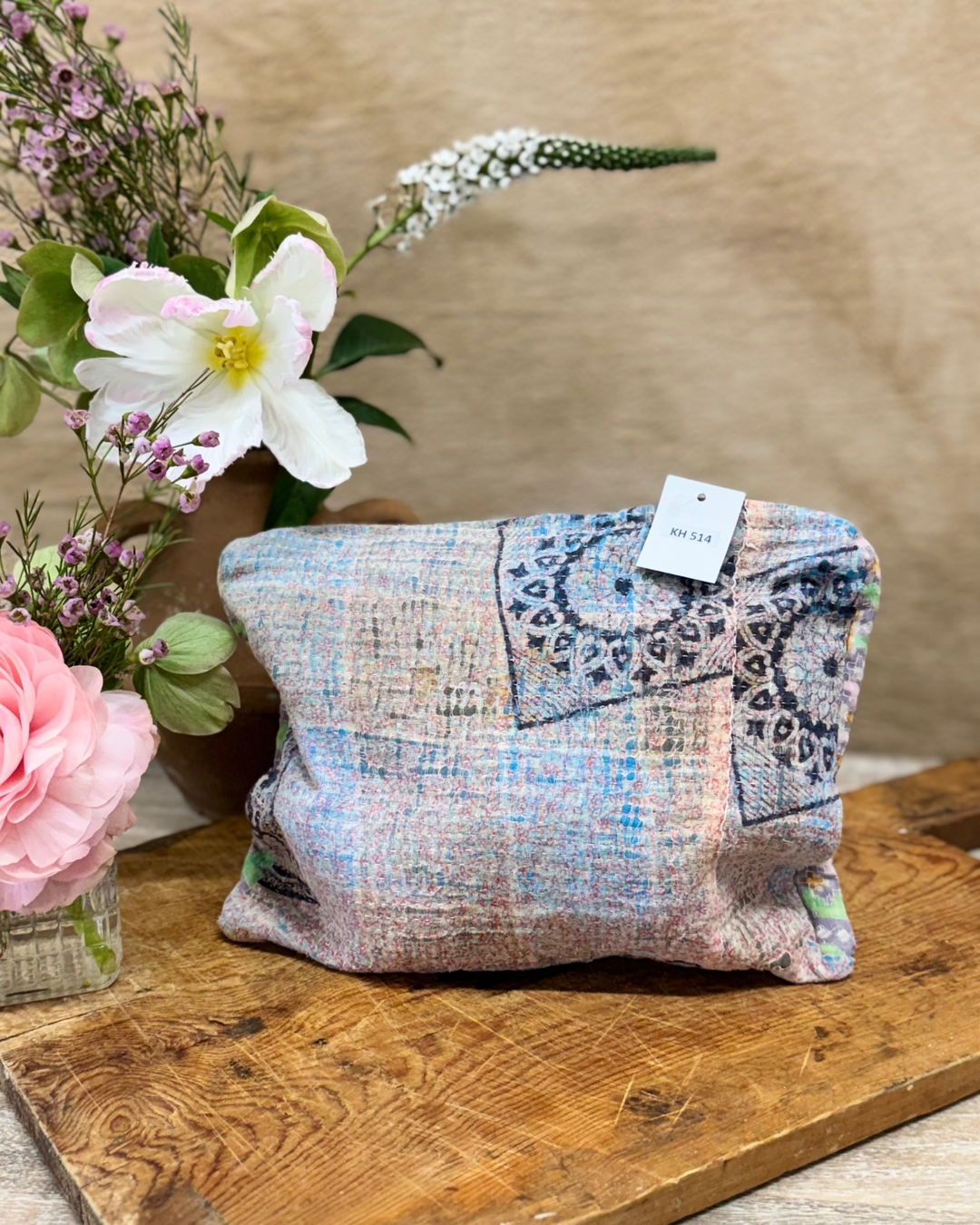 Medium Kantha Sari Wash Bag – Soft Mandala Motif in Faded Earth Tones