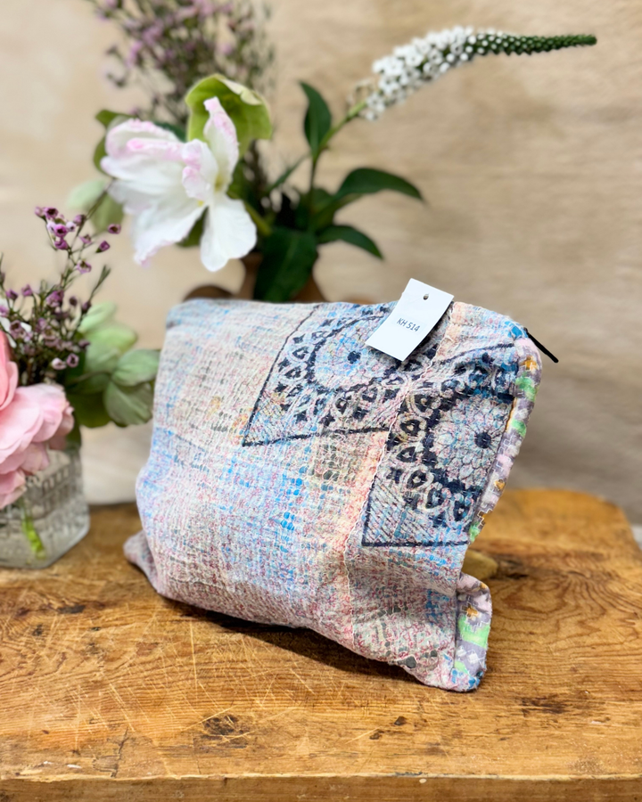 Medium Kantha Sari Wash Bag – Soft Mandala Motif in Faded Earth Tones