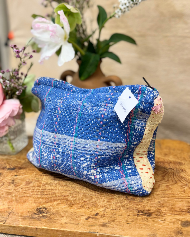 Medium Kantha Sari Wash Bag – Bold Blue Plaid with Contrast Stitching