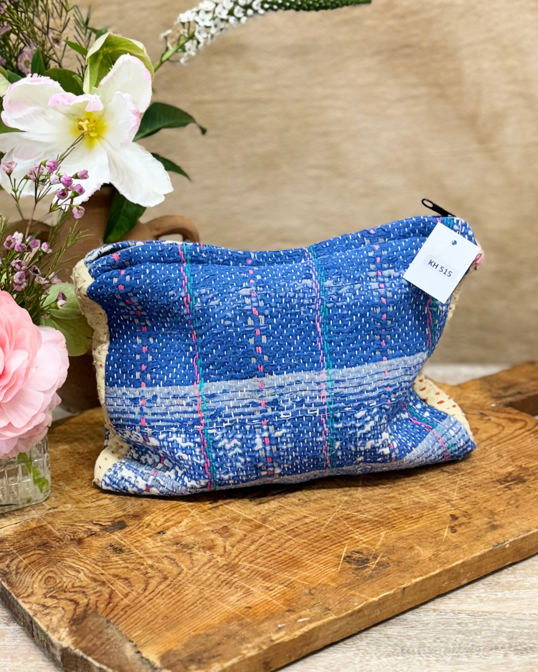 Medium Kantha Sari Wash Bag – Bold Blue Plaid with Contrast Stitching