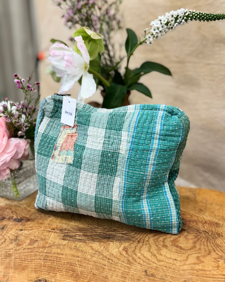 Medium Kantha Sari Wash Bag – Green Check with Heritage Patch