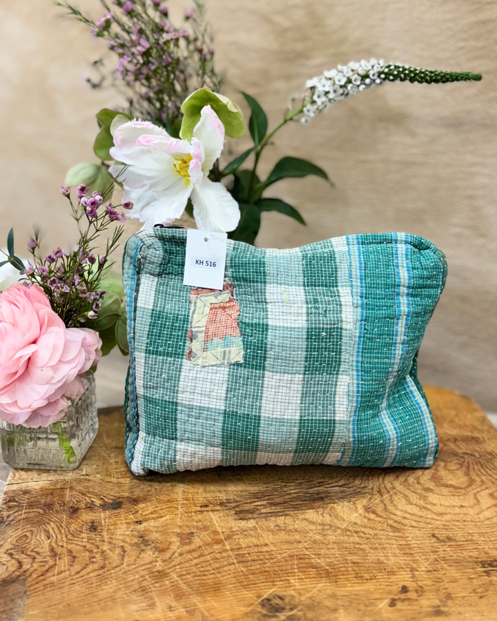 Medium Kantha Sari Wash Bag – Green Check with Heritage Patch