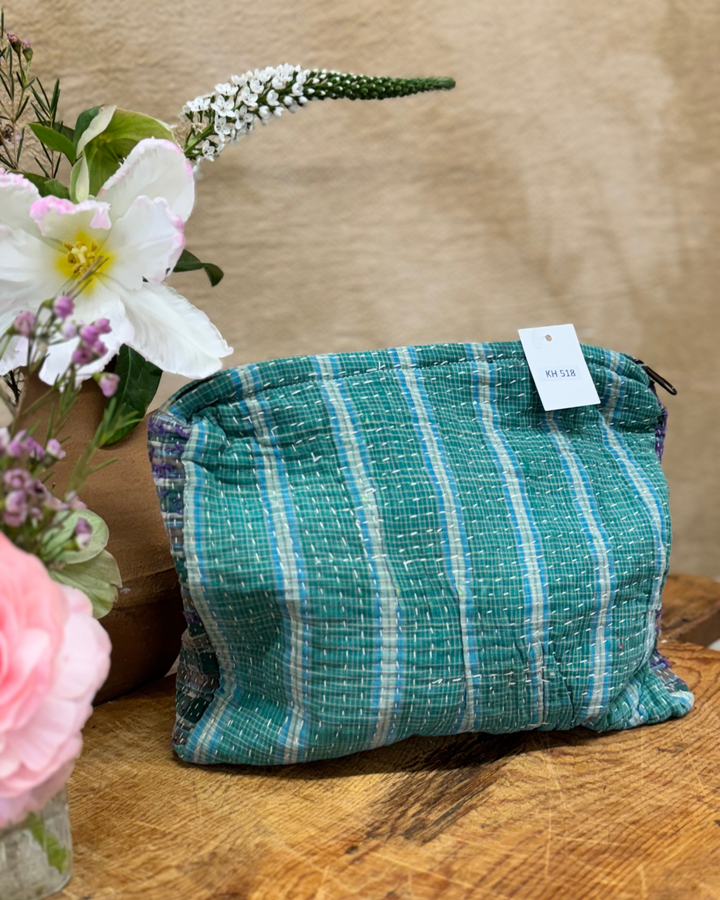 Medium Kantha Sari Wash Bag – Emerald Stripe with Purple Border