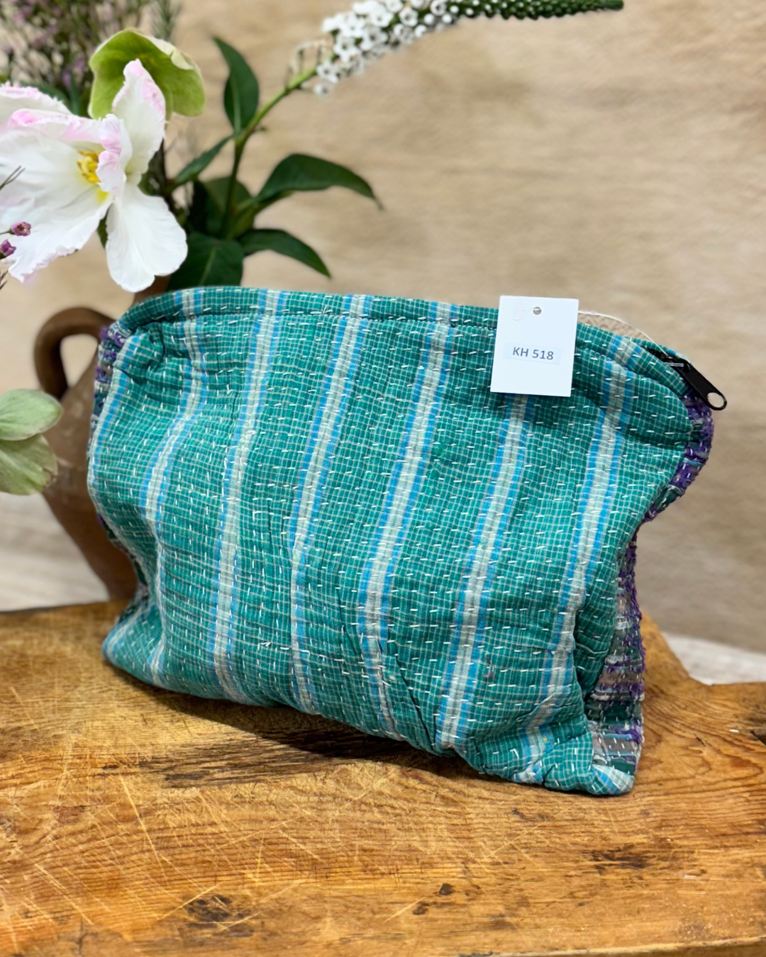 Medium Kantha Sari Wash Bag – Emerald Stripe with Purple Border