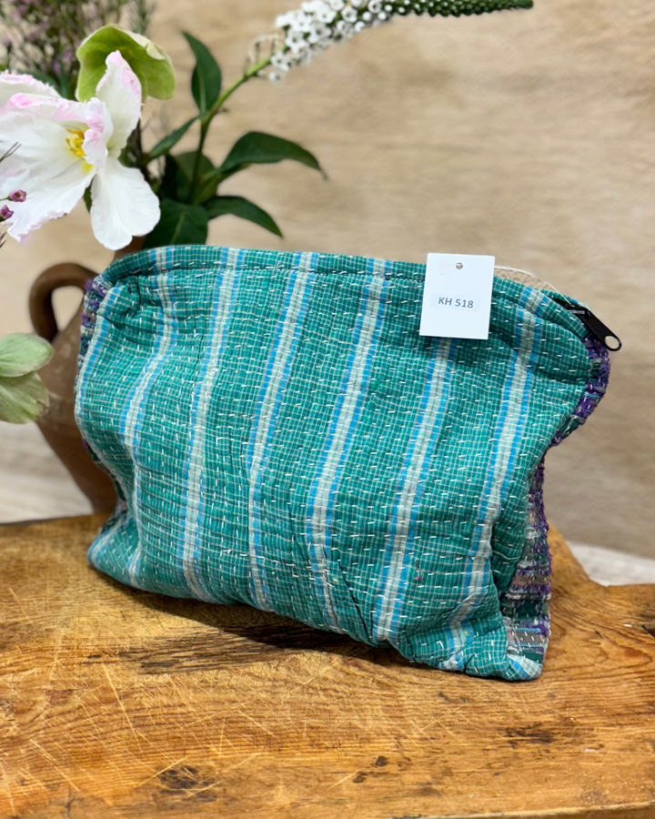 Medium Kantha Sari Wash Bag – Emerald Stripe with Purple Border