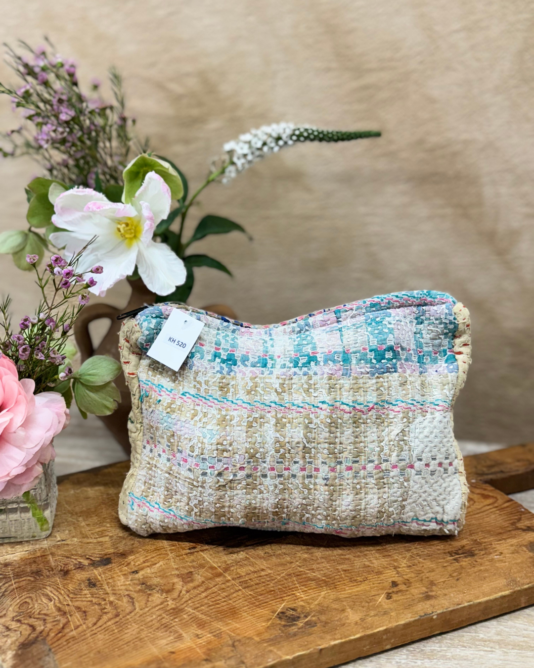 Medium Kantha Sari Wash Bag – Sandy Beige with Soft Lilac & Aqua Accents