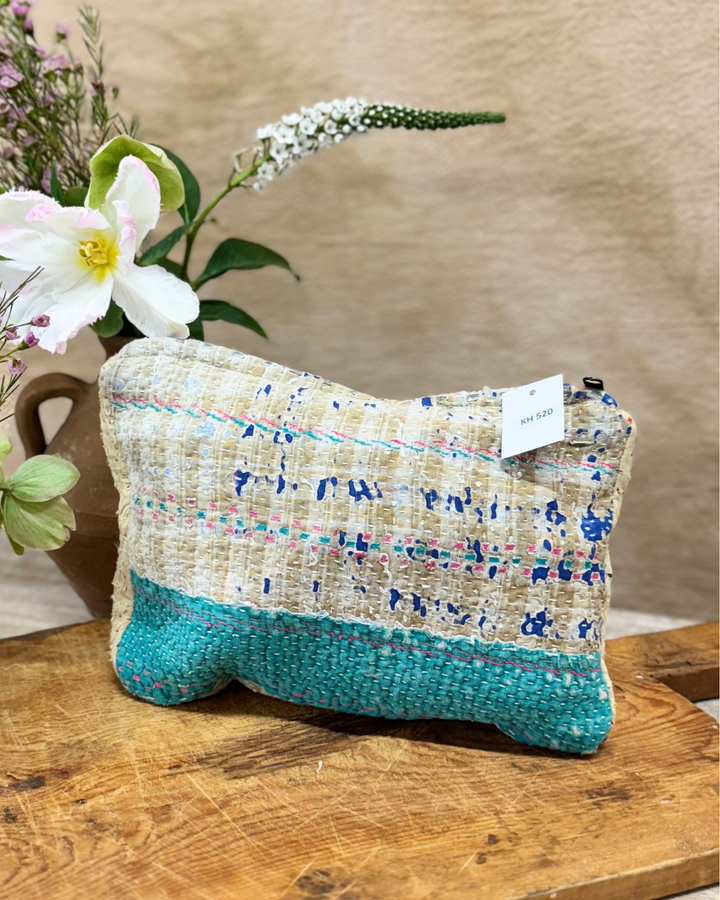 Medium Kantha Sari Wash Bag – Sandy Beige with Soft Lilac & Aqua Accents