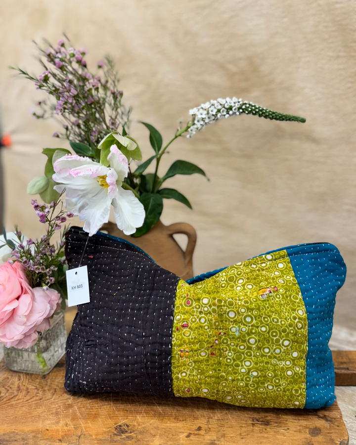 Large Wash Bag – Mustard & Teal Vintage Sari Patch