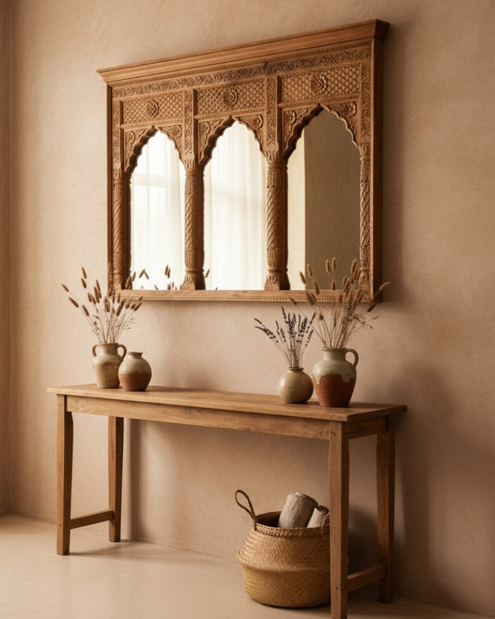 Hand-Carved Mango Wood Mirror – Triple Arch Design with Intricate Floral Carvings