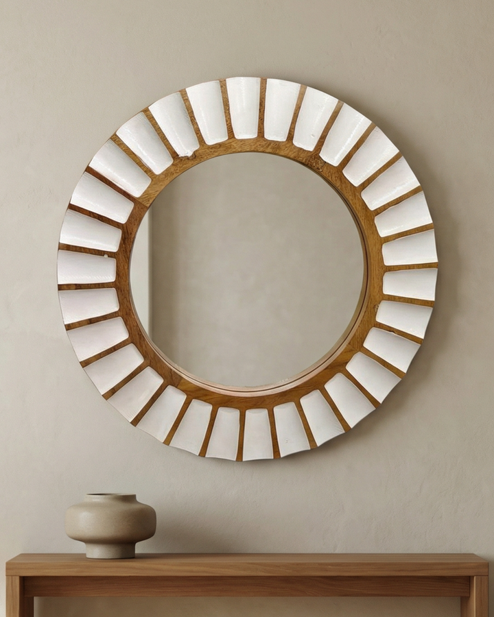 Round Mango Wood Wall Mirror – Whitewashed &amp; Natural Finish