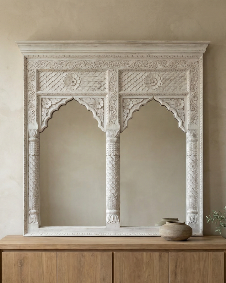 Hand-Carved Mango Wood 2 Arch Mirror – Whitewashed Finish with Petal Detailing