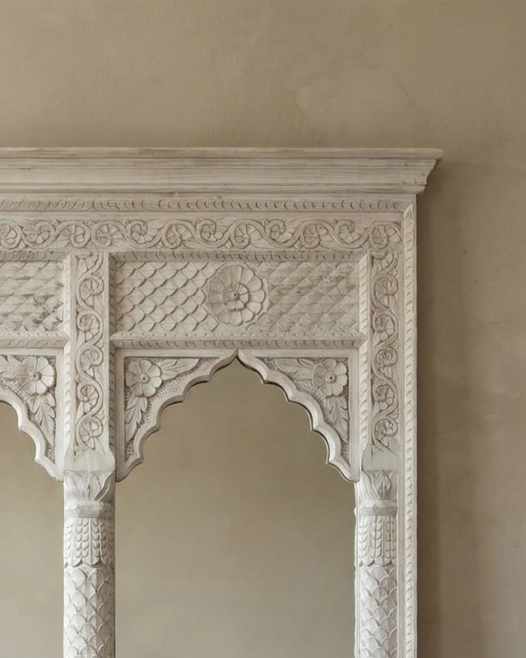 Hand-Carved Mango Wood 2 Arch Mirror – Whitewashed Finish with Petal Detailing