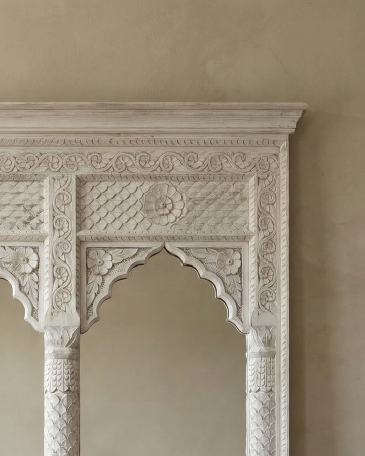 Hand-Carved Mango Wood 2 Arch Mirror – Whitewashed Finish with Petal Detailing