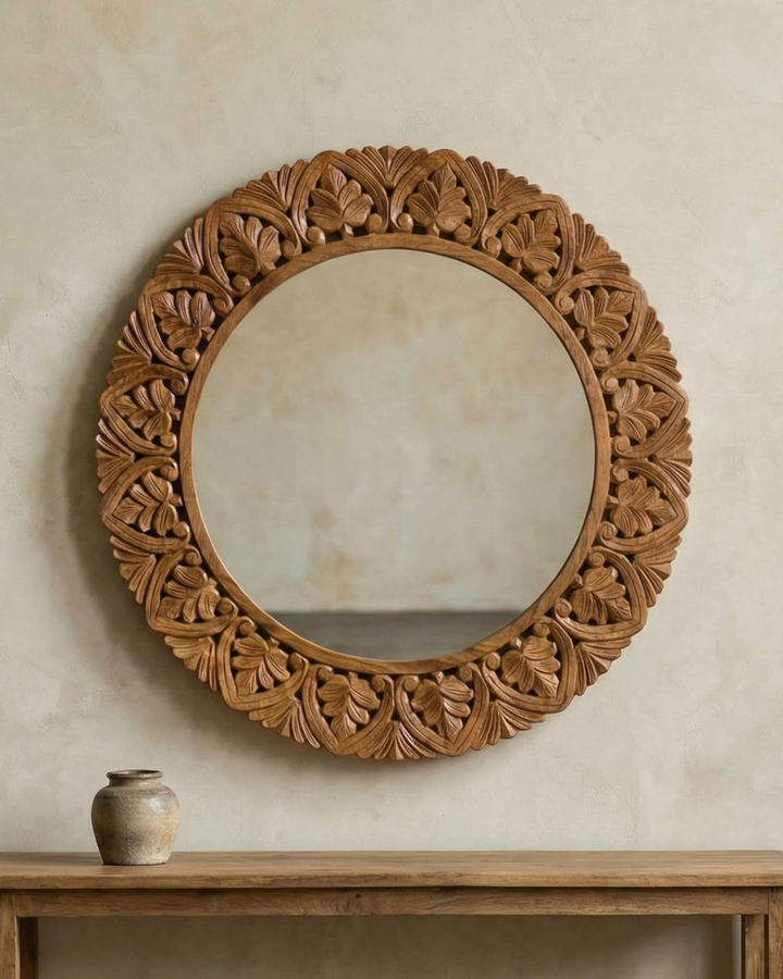 Hand-Carved Mango Wood Round Mirror – Natural Polished Finish with Foliate Border