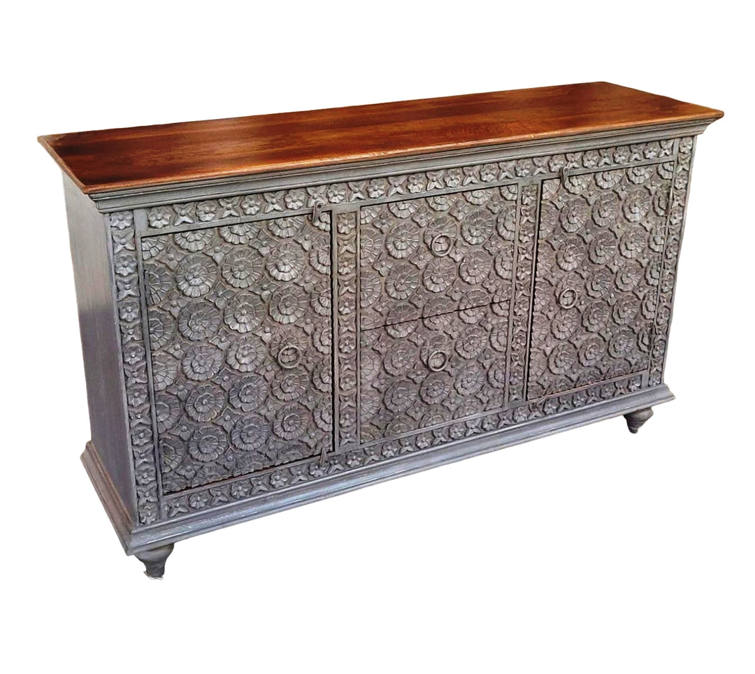 Hand Carved Sideboard with Ornate Flower Carvings in Grey