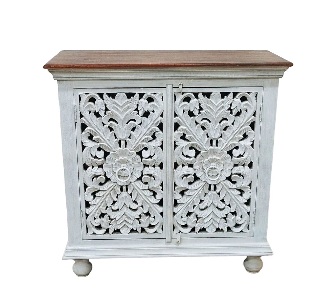 Elegant Whitewashed Hand-Carved Mango Wood Sideboard