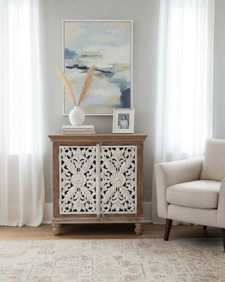 Hand-Carved Mango Wood Sideboard – 2 Doors with Whitewashed Floral Panels
