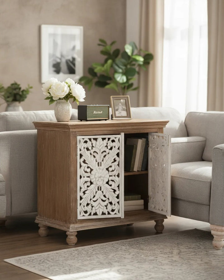 Hand-Carved Mango Wood Sideboard – 2 Doors with Whitewashed Floral Panels