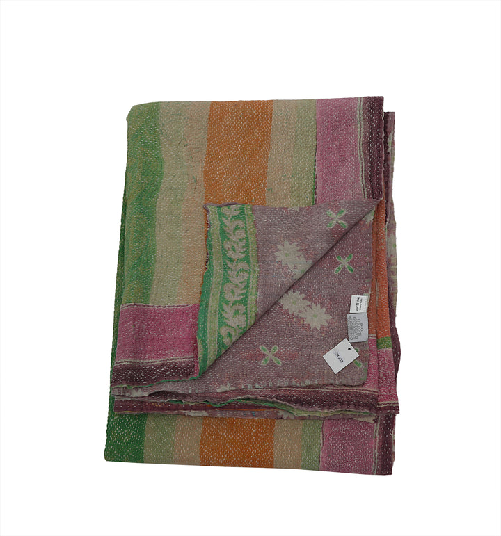 Vintage Hand-Embroidered Kantha Throw – Soft Pink & Sage Green Striped Sari