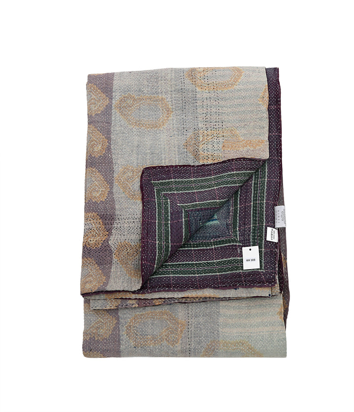 Vintage Hand-Embroidered Kantha Throw – Indigo & Ochre Motif Sari Quilt