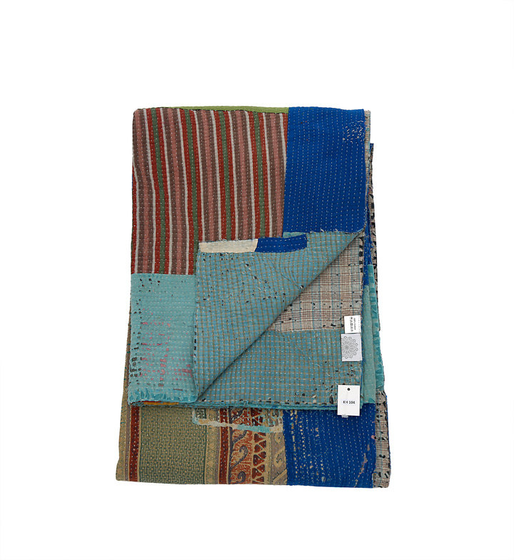 Vintage Hand-Embroidered Kantha Throw – Blue & Teal Patchwork with Striped Sari Panels