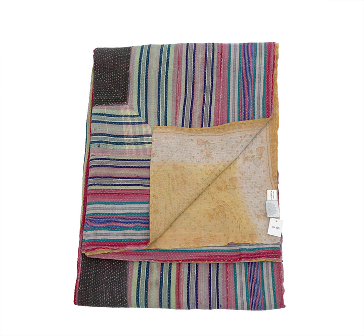 Vintage Hand-Embroidered Kantha Throw – Multicoloured Striped Sari with Ochre Backing